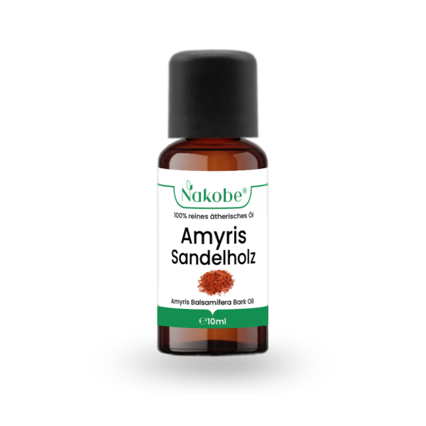 Flasche mit 10ml Amyris Sandelholz ätherischem Öl auf weißem Hintergrund
