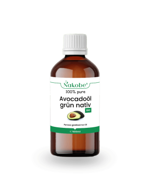 Flasche mit 100ml nativem grünem Bio Avocadoöl von Nakobe.