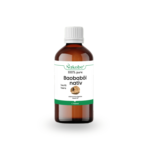 Flasche von Nakobe's Baobaböl Nativ 50ml für intensive Hautpflege.