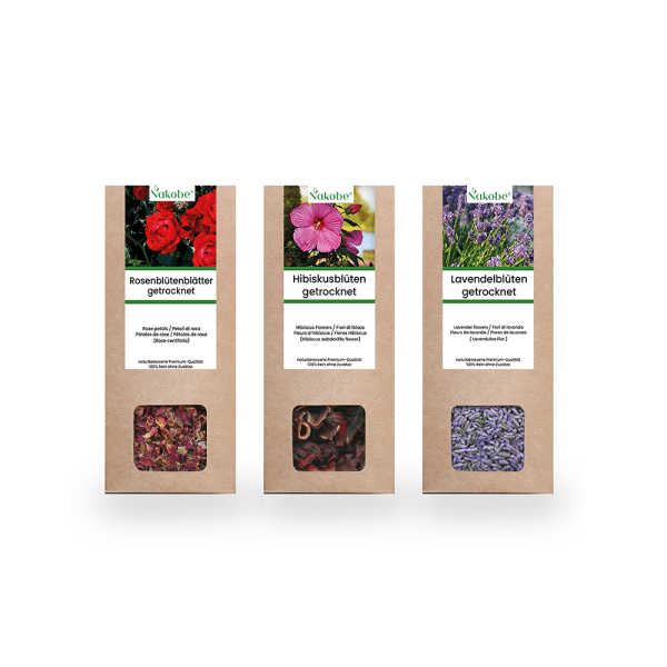 Blüten Set mit Lavendel, Rosen und Hibiskus von Nakobe Naturkosmetik