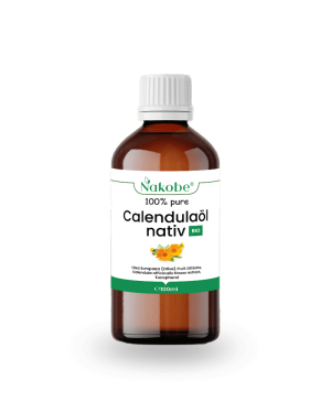 Flasche mit 100ml Calendulaöl nativ Bio mazeriert in Olivenöl, biologische Haut- und Haarpflege von Nakobe