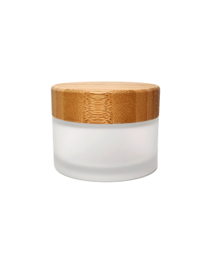 Hochwertiger Glastiegel im 'iced look' mit natürlichem Bambusdeckel und zusätzlicher Abdeckkappe von Nakobe