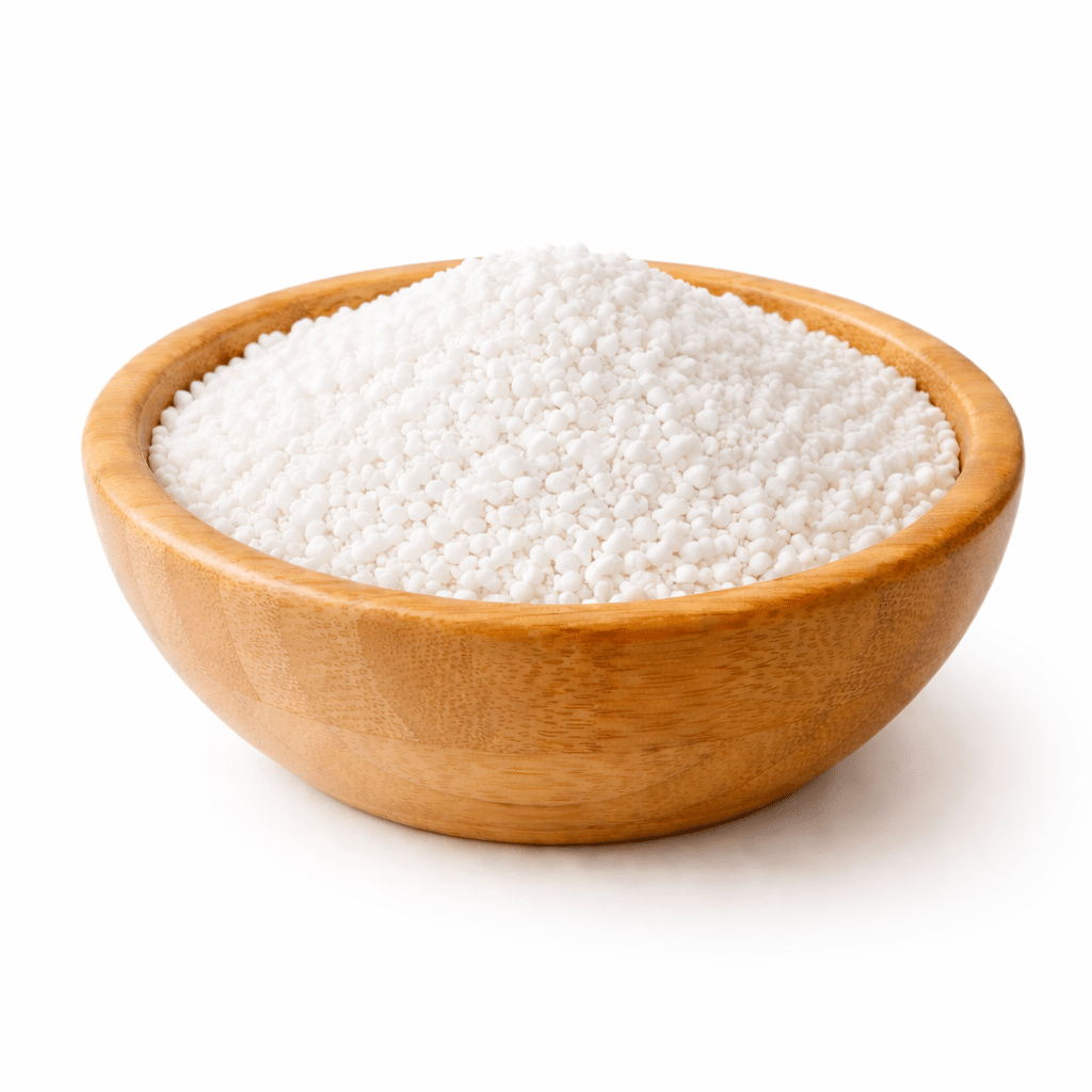Weiße Kügelchen aus Hydrogenated Lecithin in einer Holzschale auf weißem Hintergrund