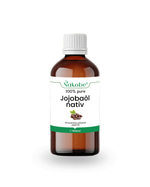 Flasche von 100ml Jojobaöl Nativ von Nakobe, das flüssige Gold für intensive, natürliche Haut- und Haarpflege