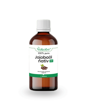 Flasche mit 100ml Jojobaöl nativ Bio von Nakobe, für nachhaltige, biologische Haut- und Haarpflege