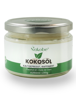 Glas mit 250ml raffiniertem Kokosöl von Nakobe auf hellem Hintergrund