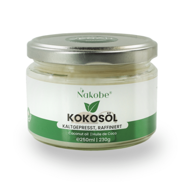 Glas mit 250ml raffiniertem Kokosöl von Nakobe auf hellem Hintergrund