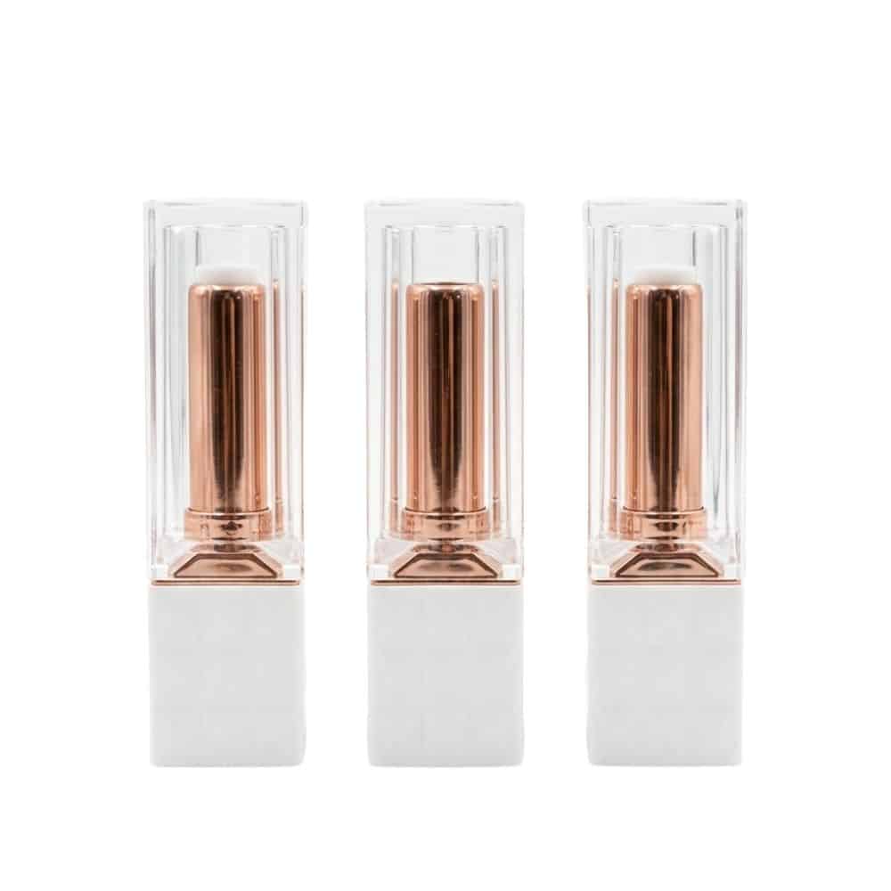 Lippenstifthülse in Weiß und Roségold mit transparenter Kappe