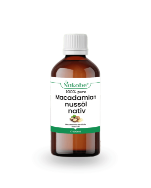 Flasche von Nakobe's nativem Macadamianussöl, 100ml, für luxuriöse Haut- und Haarpflege