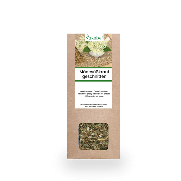 Getrocknetes geschnittenes Mädesüßkraut von Nakobe in einem umweltfreundlichen Karton verpackt