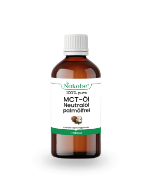 Flasche mit 100ml palmölfreies MCT-Neutralöl von Nakobe, für intensive und nachhaltige Hautpflege