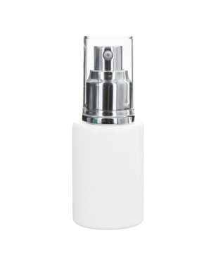 Weiße Flasche mit silbernem Pumpspender und Überkappe – Nakobe Naturkosmetik