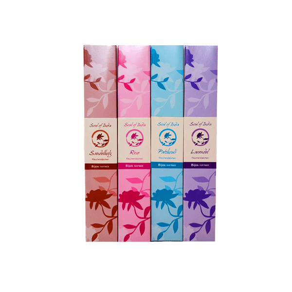 Packung von Räucherstäbchen Soul of India in vier Duftrichtungen bei Nakobe