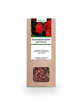 Getrocknete Rosenblütenblätter in einem Karton, ideal für Naturkosmetik und Duftmischungen - Nakobe