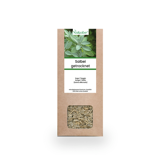 Getrockneter Salbei in einem braunen Karton, für die Verwendung in Naturprodukten, Marke Nakobe.