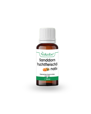 Flasche mit 30ml Sanddornfruchtfleischöl nativ, erhältlich bei Nakobe.