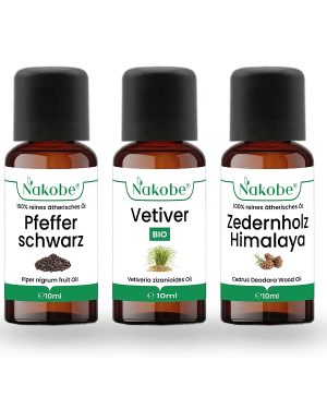 Ätherisches Ölset mit Pfeffer Schwarz, Vetiver Bio und Zedernholz Himalaya - 10ml Fläschchen