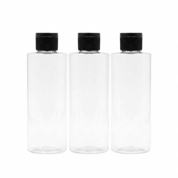 Universalflasche PET 200 ml transparent mit schwarzem Flip-Top-Verschluss