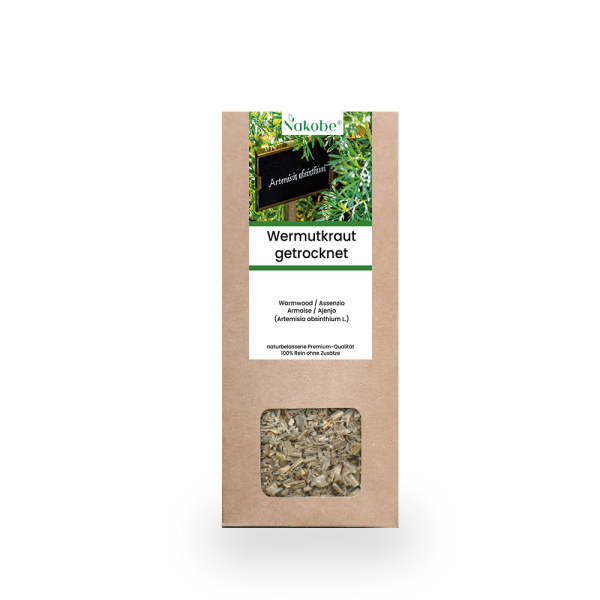 Getrocknetes Wermutkraut in einer umweltfreundlichen Kartonverpackung der Marke Nakobe